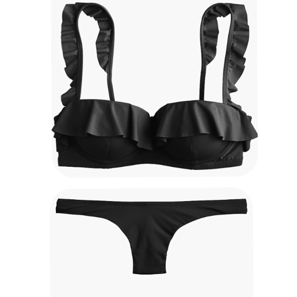 J. Crew Ruffle Underwire Ruched Lowrider Bikini in Black 34D/Medium NWT